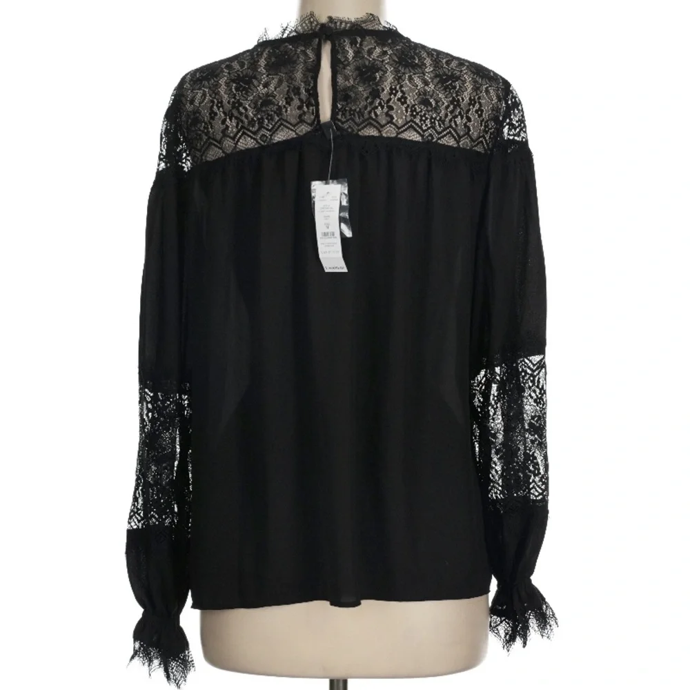 NWT WHITE HOUSE BLACK MARKET Black Long Sleeve Lace Detail Blouse Size Medium - Picture 4 of 5